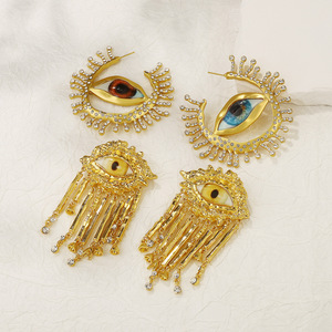 Boucles d'oreilles pendantes œil démoniaque à franges dorées, style cour de luxe, pour femme, vente directe usine, stock disponible - Product Image 3