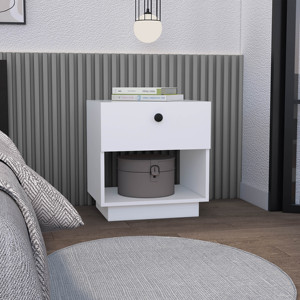 Table de chevet Paris à 1 tiroir, blanche, avec étagère inférieure ouverte, table d'appoint avec tiroir de rangement - Product Image 1