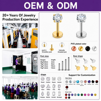 Piercings labret en titane ASTM F136 sans filetage, à enfiler, avec zircon cubique transparent et plaqué or, à dos plat, pour lèvre et oreilles, vente en gros de piercings corporels
