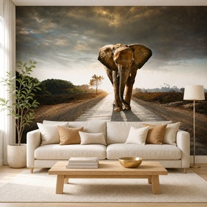 Murale Personalizzato con Elefanti della Savana, Carta da Parati in Tela a Olio, Arte dell'Africa al Tramonto - Product Image 1