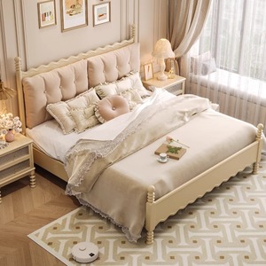 Light French Style Solid Wood <b>Double</b> <b>Bed</b> 1.8m Platform Frame Soft Headboard Creamy Korean Style Girl's <b>Bed</b> - Product Image 3