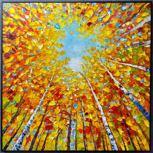 Dipinto Paesaggistico Autunnale su Tela, Foresta di Betulla Dipinta a Mano con Luce Solare, Arte Murale Acrilica per Casa - Product Image 1