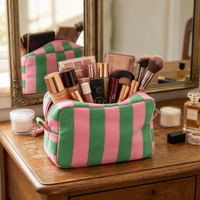 Pochette de maquillage en toile rayée, trousse de toilette portable de voyage avec fermeture éclair, logo personnalisé disponible pour le rangement des cosmétiques féminins
