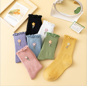 Cute Girl Sewing Cotton Flower Japan Solid Crew Slouch <strong>Sunflower</strong> Embroidered <strong>Socks</strong> Women - Product Image 1