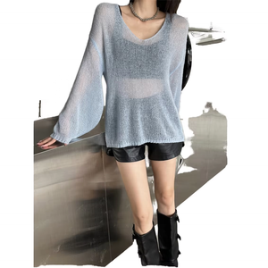 Doux <span class=keywords><strong>fait</strong></span> à la <span class=keywords><strong>main</strong></span> Mohair gluant Ma Haimao femmes décontracté col <span class=keywords><strong>en</strong></span> v <span class=keywords><strong>pull</strong></span> haut Micro Transparent pour le printemps et l'automne - Product Image 1