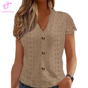 Loveda all'ingrosso estate nuovo arrivo donna tinta unita decorazione con bottoni in <span class=keywords><strong>pizzo</strong></span> con scollo a V cavo camicia a <span class=keywords><strong>maniche</strong></span> <span class=keywords><strong>corte</strong></span> - Product Image 6