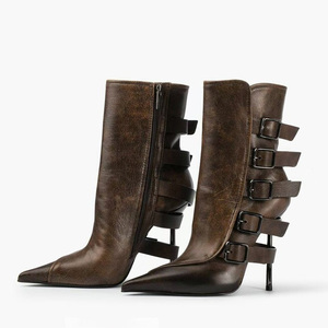 Big Size 46 Women's Back Metal Buckles Short Boots Slim High-Heeled <b>Pointed</b> Toe Ankle Booties Straight Upper Side Zipper Shoes - Product Image 5