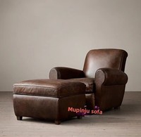 Fauteuil Tiger, style campagnard américain, en cuir vintage et bois, luxe léger, pour petit appartement, salon