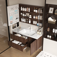 Meuble-lavabo de salle de bain en aluminium nid d'abeille couleur noyer profond, double tiroir, porte simple, armoire miroir LED intelligente, porte-serviettes, robinet blanc mat