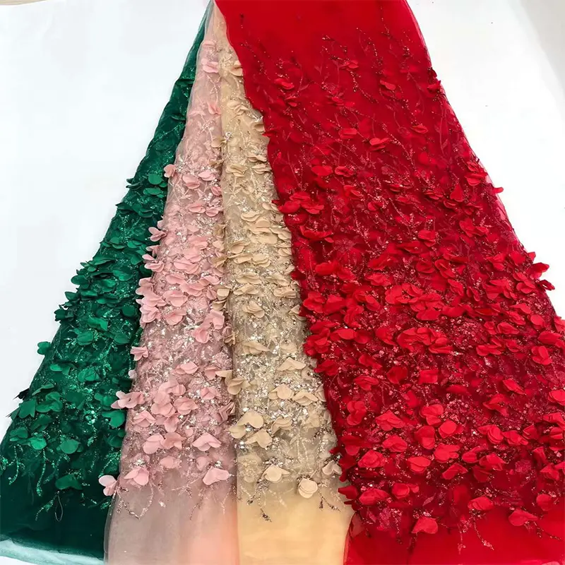 Wholesale 3d flower lace fabrics 3D Tulle Embroidered Flower Multicolor Lace Fabric for Sale