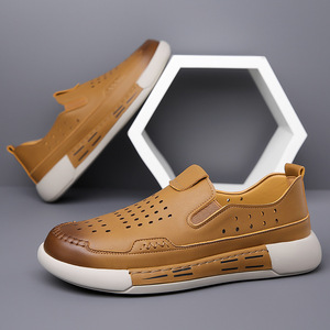 Chaussures Homme en Cuir Véritable à Enfiler, Bout Rond, Respirantes, pour la Marche en Extérieur, Décontractées d'Été, Design Creux, Tige en Cuir de Vachette - Product Image 2