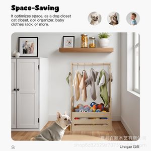 Wooden Pet Supply <b>Storage</b> Basket With <b>Clothes</b> Hanger Portable Toy Organizer For Cat Dog Natural Wood Color Rectangular Standing - Product Image 4