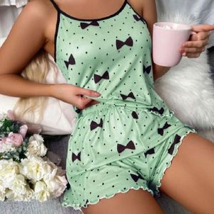 El mejor conjunto de pijama de cintura elástica informal Sexy para mujer, chaleco suave transpirable con estampado de lazo de corazón de amor y pantalones cortos, ropa de dormir de verano bonita - Product Image 3