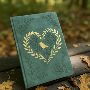 Cuaderno de Cuero PU Verde con Grabado de Pájaro y Hoja de Corazón, Elegante Diario con Lámina Dorada y Esquinas Redondeadas - Product Image 4