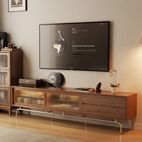 Meuble TV en bois massif, ton noyer, style vintage français du milieu du siècle, unité de rangement sur piétement pour petit salon, mobilier de maison DSG040