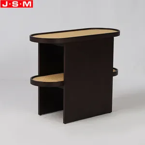 2 Layers Plastic Rattan Top Living Room Unique Tea Table Veneer Wooden Oval Coffee Table