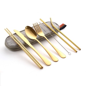 Hoge Kwaliteit Draagbare Party Custom Logo Herbruikbare Rvs 18/10 Mes Lepel Vork Drinken Metalen Stro <span class=keywords><strong>Set</strong></span>