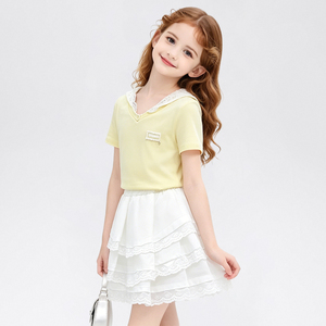 Conjunto de 2 piezas para niñas, top con cuello marinero y ribete de encaje y falda en capas, conjunto de ropa informal de verano para niños - Product Image 2