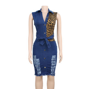 Leopardo Del Denim Della Rappezzatura Midi <span class=keywords><strong>Vestito</strong></span> Delle Donne Senza Maniche Girare Giù Il Collare Office Lady Matita Abiti Donna Primavera Estate Dei <span class=keywords><strong>Jeans</strong></span> Si Vestono - Product Image 5