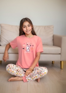 Özelleştirilebilir kız pijama Set sevimli baskılı yumuşak nefes rahat renkli süt ipek kısa kollu pantolon ev ODM/OEM - Product Image 4