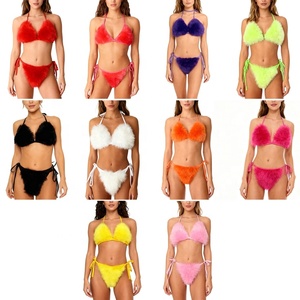 Ensemble bikini femme en fausse fourrure moelleuse, style licou, triangle à nouer sur le côté, pour plage, piscine, tenue de club, costume de scène, personnalisable - Product Image 1