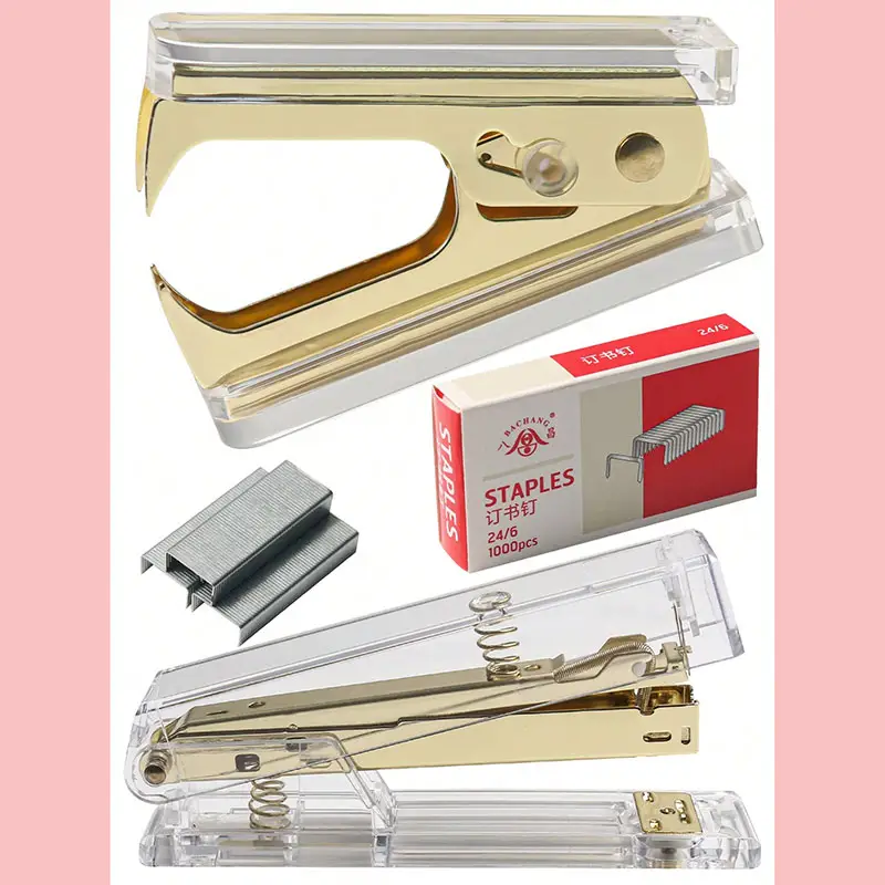 1 satz gold-hefthefter, 1 stapler, 1 nagelheber, 1 box mit stapeln, einfache farbe, mehrzweck, geeignet für büro-studenten