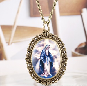 <span class=keywords><strong>Montre</strong></span> de poche en quartz antique en bronze avec icône chrétienne de la Madone et de Jésus, ornements pendentifs avec collier chaîne, cadeau - Product Image 5