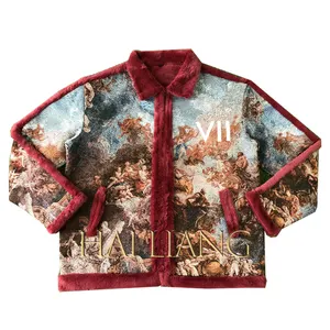 Hochwertige benutzer definierte Tapisserie Jacken Frauen Puffy Red Kunstleder Jacke mit Pelz Damen Reiß verschluss gewebte Jacquard Mäntel