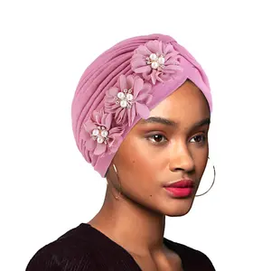 नई Headwrap मुस्लिम 3D मोती फूल बाल बोनट केमो टोपी व्याकुल महिलाओं के लिए पगड़ी बाल सामान