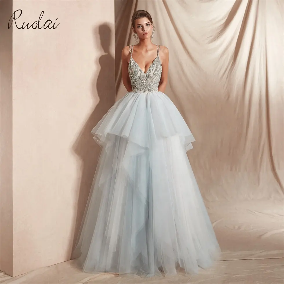 Ruolai LWC6711 Spaghetti Strap V-neck Rhinestone Beaded Tiered Tulle Prom Dresses 2023 Evening Gowns Sexy