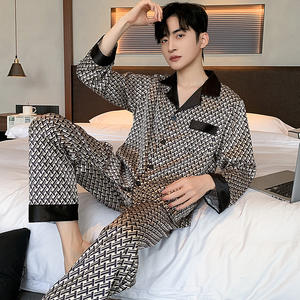 Pijamas para Hombre y Niño, Estilo Verano, Ropa de Casa para Papá, Patrón Geométrico, Primavera/Otoño, Finos, Imitación de Seda, Manga Larga, Nuevo Estilo 2024 - Product Image 2