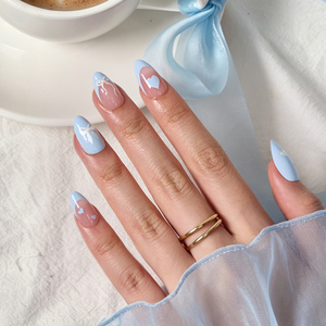 ชุดเล็บปลอม BTArtbox รุ่น Short Almond Luxury แบบเจลนิ่มสีฟ้า แต่งโบว์สไตล์ฝรั่งเศส ทำมือ พร้อมกาว - Product Image 1