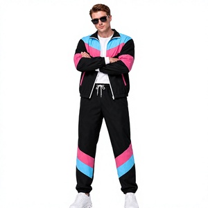 Conjunto Deportivo Retro para Hombre, Color Block, Negro, Rosa y Azul, Chaqueta con Cordón, Pantalones Jogger, Ropa Deportiva Informal, 100% Algodón, Secado Rápido - Product Image 3