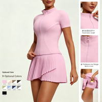 Ensemble de yoga 2 pièces pour femmes OEM, haut à manches courtes zippé et jupe-short plissée, tenue de sport pour le tennis, la course à pied et le cyclisme