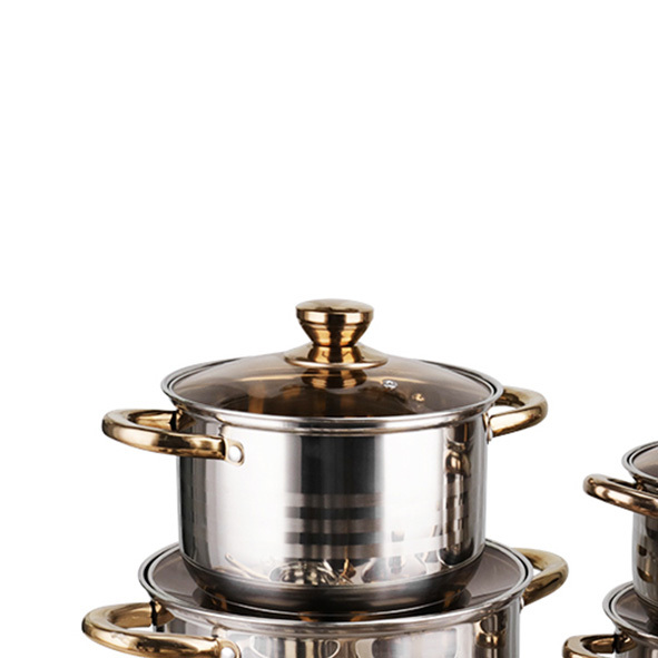 12pcs Stainless Steel Cooking Pot Pan Set Tempered Glass Golden Handle Modern Design Multiple Sizes Induction Base Cookware Set · image 4