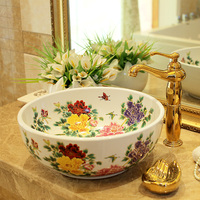 Lavabo de porcelana de estilo europeo artístico de China, lavabo redondo verde con patrón de peonía, lavabo de cerámica a la venta