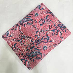 Tela de Algodón Estampada con Paisley Floral Rosa Coral y Motivos Botánicos Azules, Textil Tradicional Indio con Estampado a Mano - Product Image 4