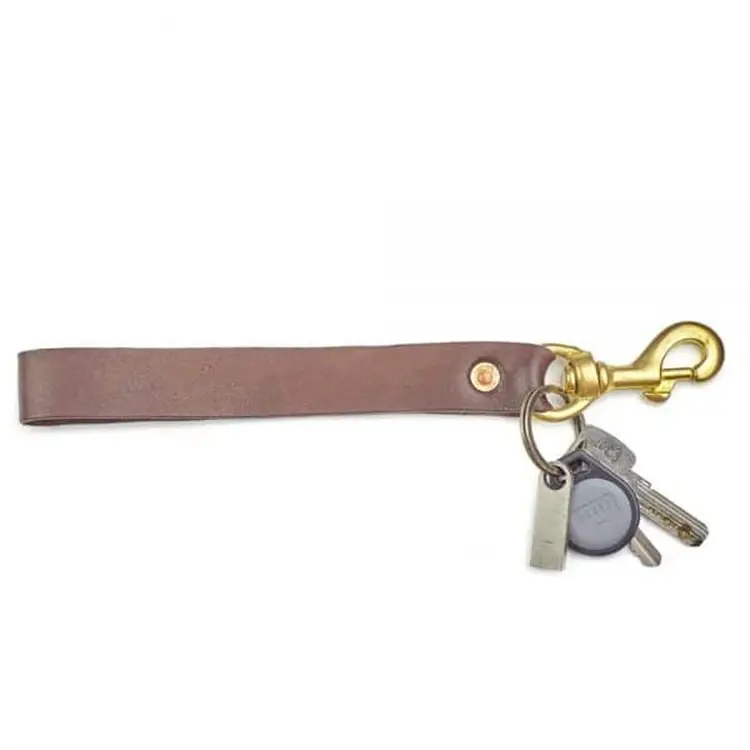 Custom Logo Long Strap Wristlet Keychain Leather with Solid Bronze Valet Clip & Brass Key Ring