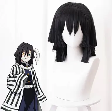 hair wigs Demon Slayer Straight Layered Haircut Wig Long Black Synthetic Hair 16 inch Women's Anime Cosplay Black