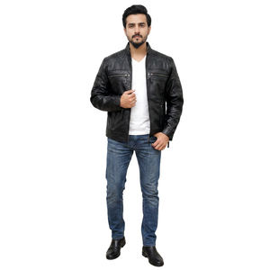 Chaqueta de cuero clásica para hombre, estilo motero, corte ajustado, con exterior de lona recubierta, estilo popular para otoño. - Product Image 1