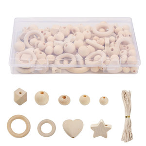Wooden <b>Beads</b> Set 126Pcs Natural Color Assorted Shapes For Craft Ornaments Farmhouse Wreath Making With Waxed <b>Thread</b> - Product Image 1