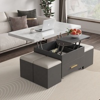 Mesa de Centro con Tapa Elevable y 4 Taburetes de Almacenamiento para Sala de Estar, Efecto Mármol, Cajón con Ruedas, Mesa Baja Multifuncional