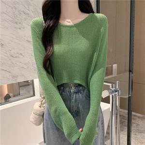 Summer Thin New Hollow Ice Silk Long-sleeved Knitted Sweater Women's Short Outer Pullover <b>Sunscreen</b> Blouse Top - Product Image 4