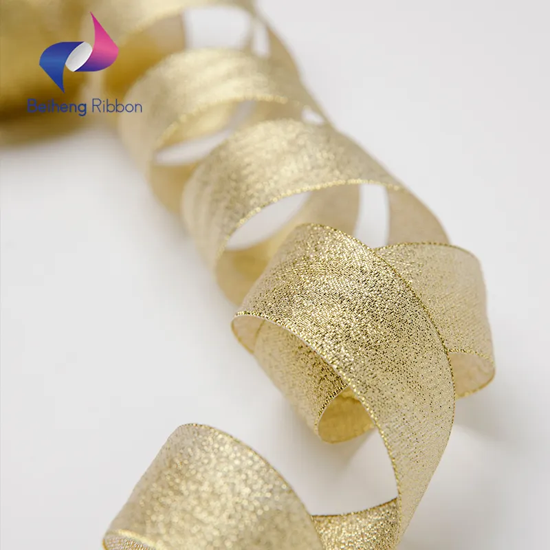 New Design 1.5inch/Custom Gold/Silver/Champagne Glitter Metallic Polyester Ribbon