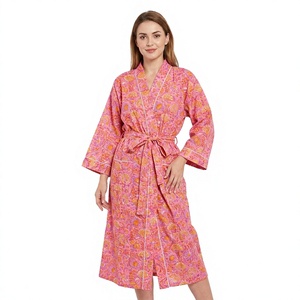 Kimono long pour femme à imprimé floral, col en V, fermeture à cordon, toucher soyeux ultra doux, pyjama léger en coton pour le printemps - Product Image 1