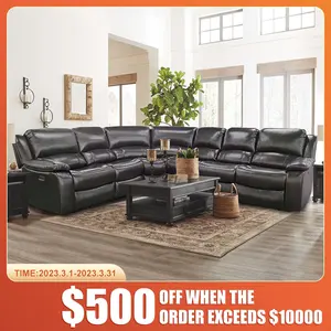 MANWAH CHEERS Modernes schwarzes Echtleder-Liege möbel Power Reclinable Sectional Living Room Sofa mit zwei Getränke haltern