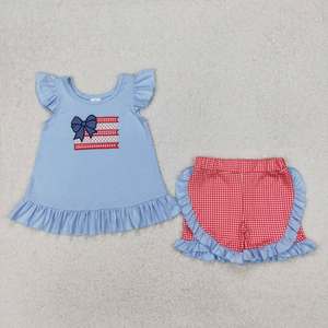 Baby Girls 4th of July Outfit Set Embroidered Bow Flags Tunic Top with Ruffle Shorts - Product Image 2