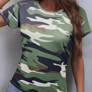 Camiseta Deportiva Casual de Verano para Mujer, de Spandex, Manga Corta, Camuflaje, Largo Regular - Product Image 3