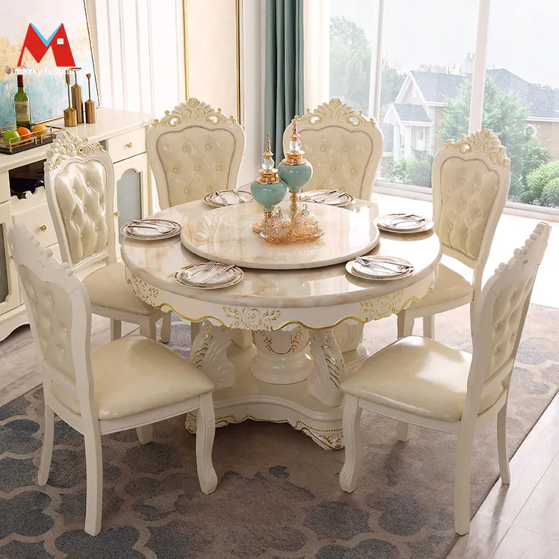 유럽 식탁 및 의자 조합 대리석 라운드 테이블 턴테이블 가정용 단단한 나무 조각 식탁