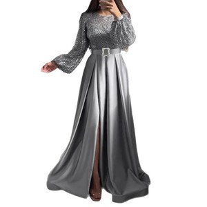 Robe de soirée longue à sequins dorés, manches longues, taille empire, fente avant, fermeture éclair, robe de soirée formelle pleine longueur - Product Image 5